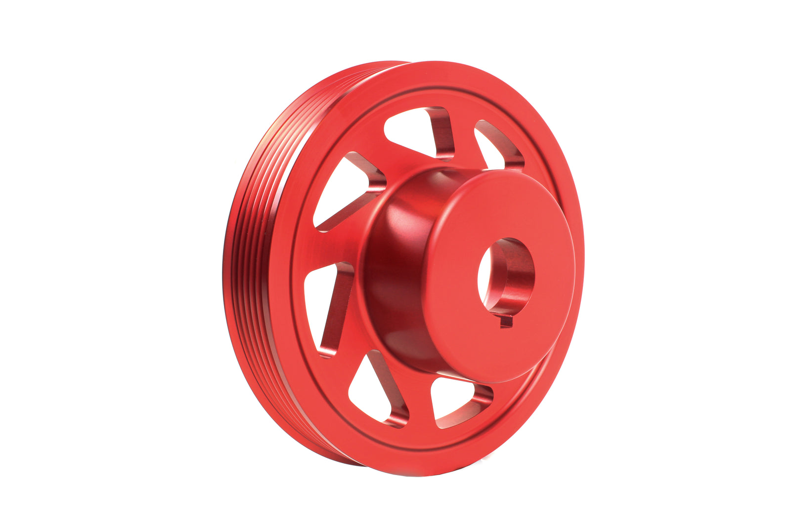 Lightweight red crank pulley designed for 2002-2014 Subaru WRX, STI, Outback, Forester, Legacy, and Impreza models.