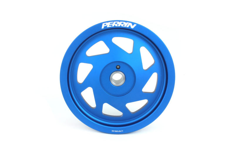 Lightweight blue crank pulley for Subaru Impreza, featuring a sleek design and multiple cutouts for reduced weight.