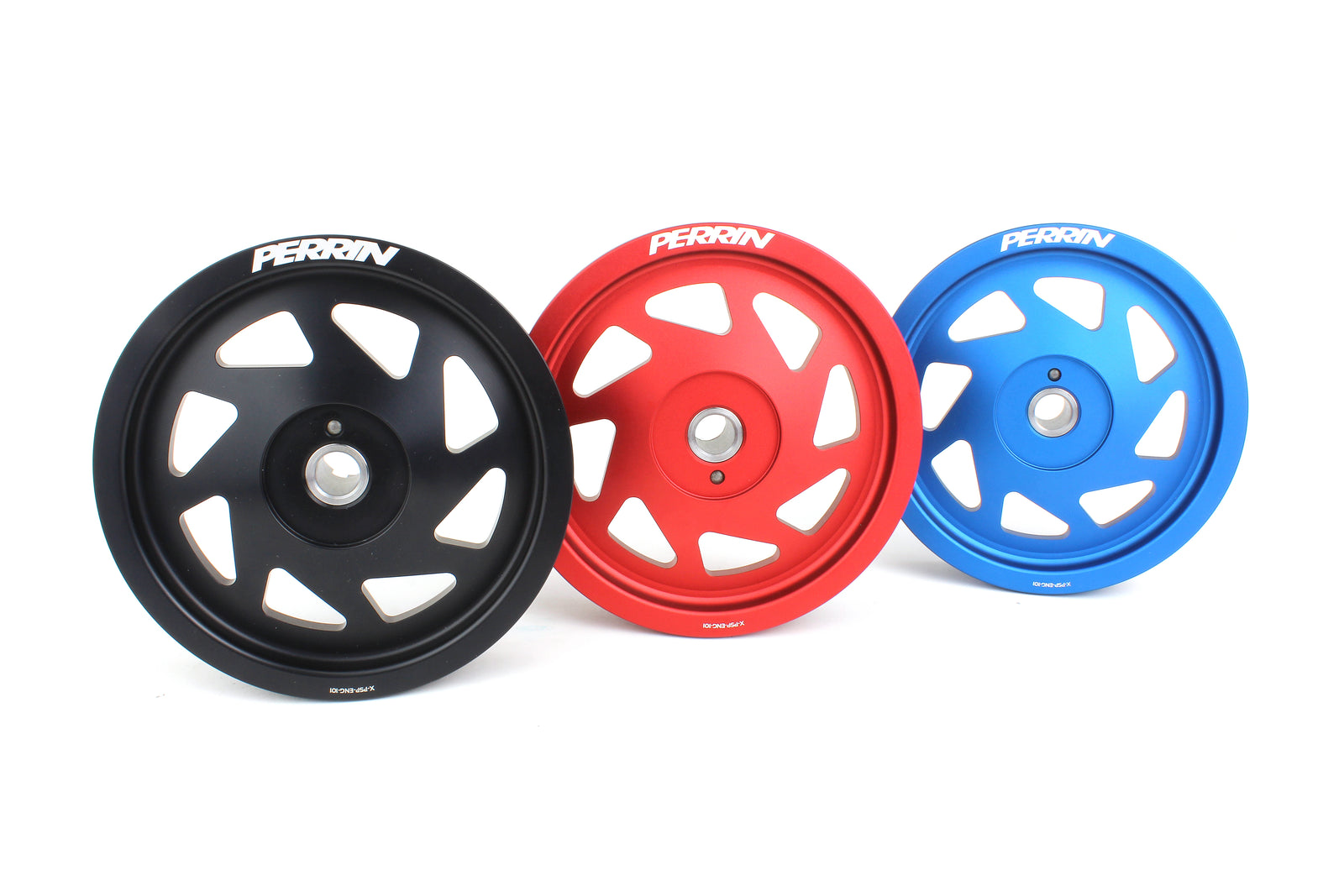 Lightweight crank pulleys in black, red, and blue for 2019-2021 Subaru WRX, Outback, Legacy, Forester, and Impreza.