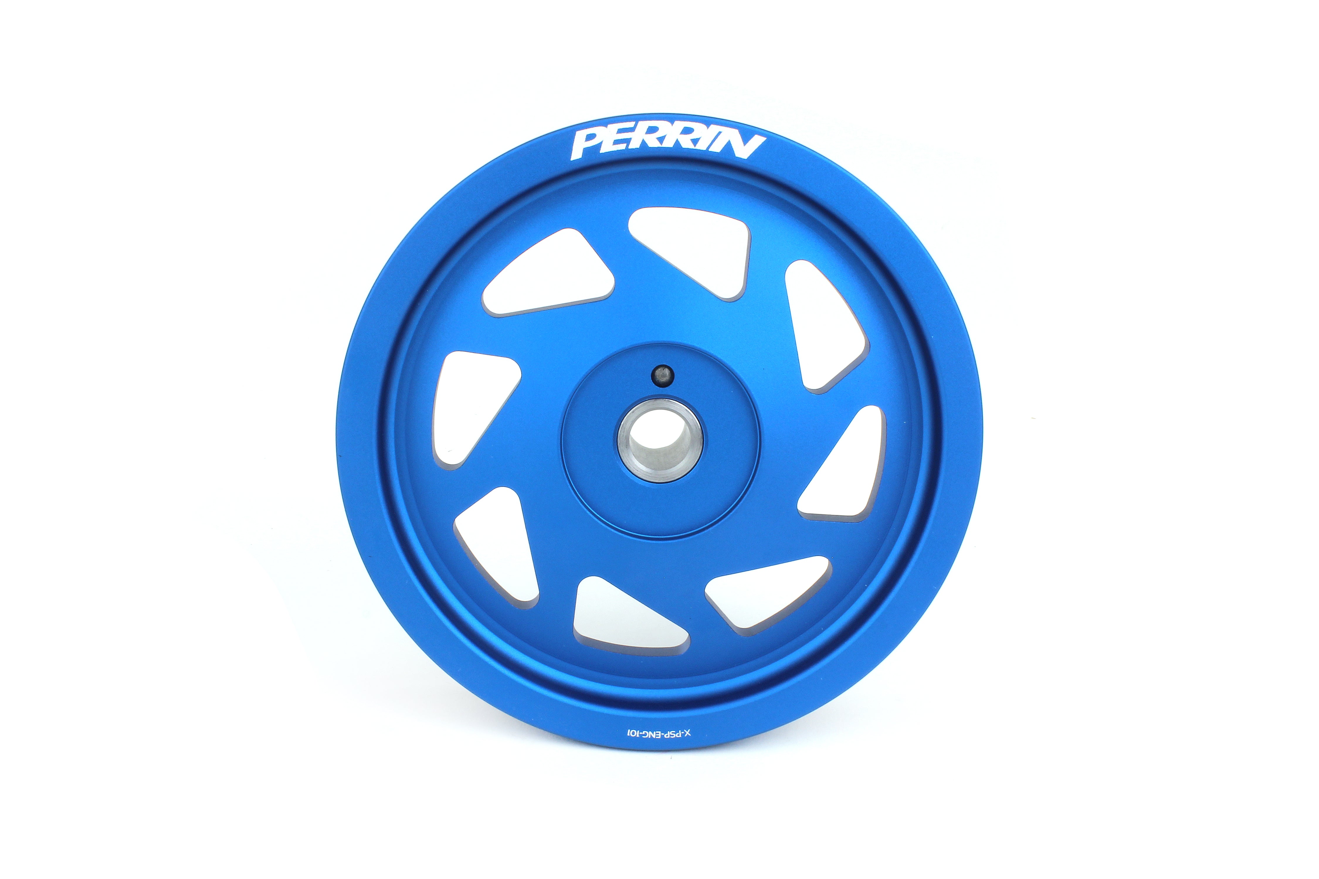 Lightweight blue crank pulley for 2022-2025 WRX, BRZ, FR-S, 86, Legacy XT, Forester, Impreza, and Ascent vehicles.