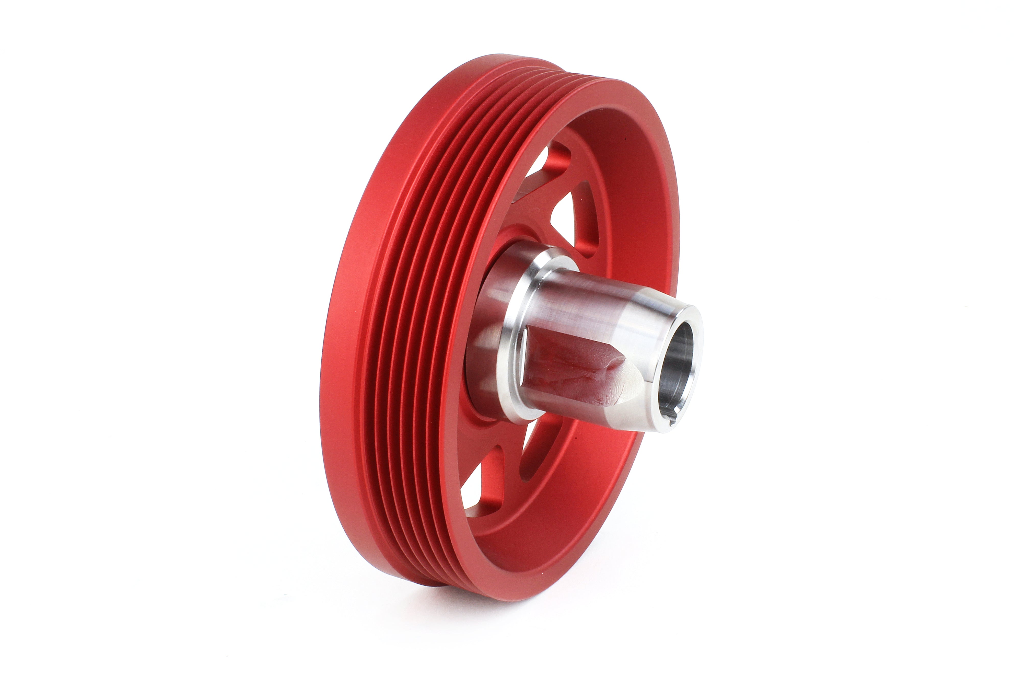 Lightweight red crank pulley designed for 2022-2025 WRX, BRZ, FR-S, 86, Legacy XT, Forester, Impreza, and Ascent.