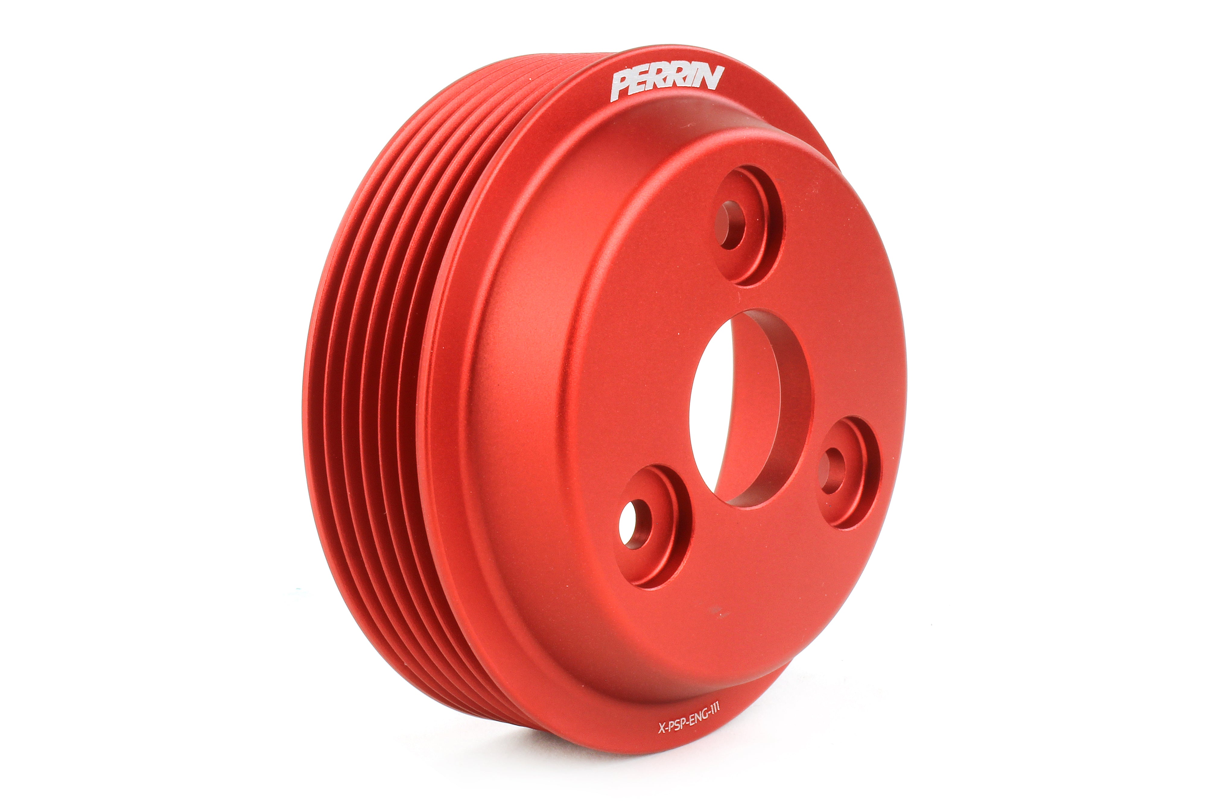 Red water pump pulley designed for 2015-2021 WRX, Forester XT, Impreza, and Crosstrek for enhanced performance.