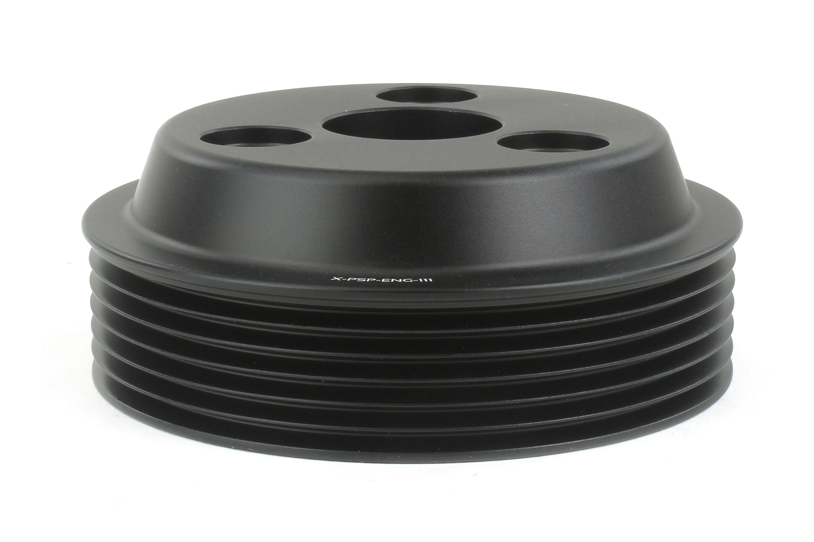 Water pump pulley designed for 2015-2021 WRX, Forester XT, Impreza, and Crosstrek vehicles, featuring a sleek black finish.