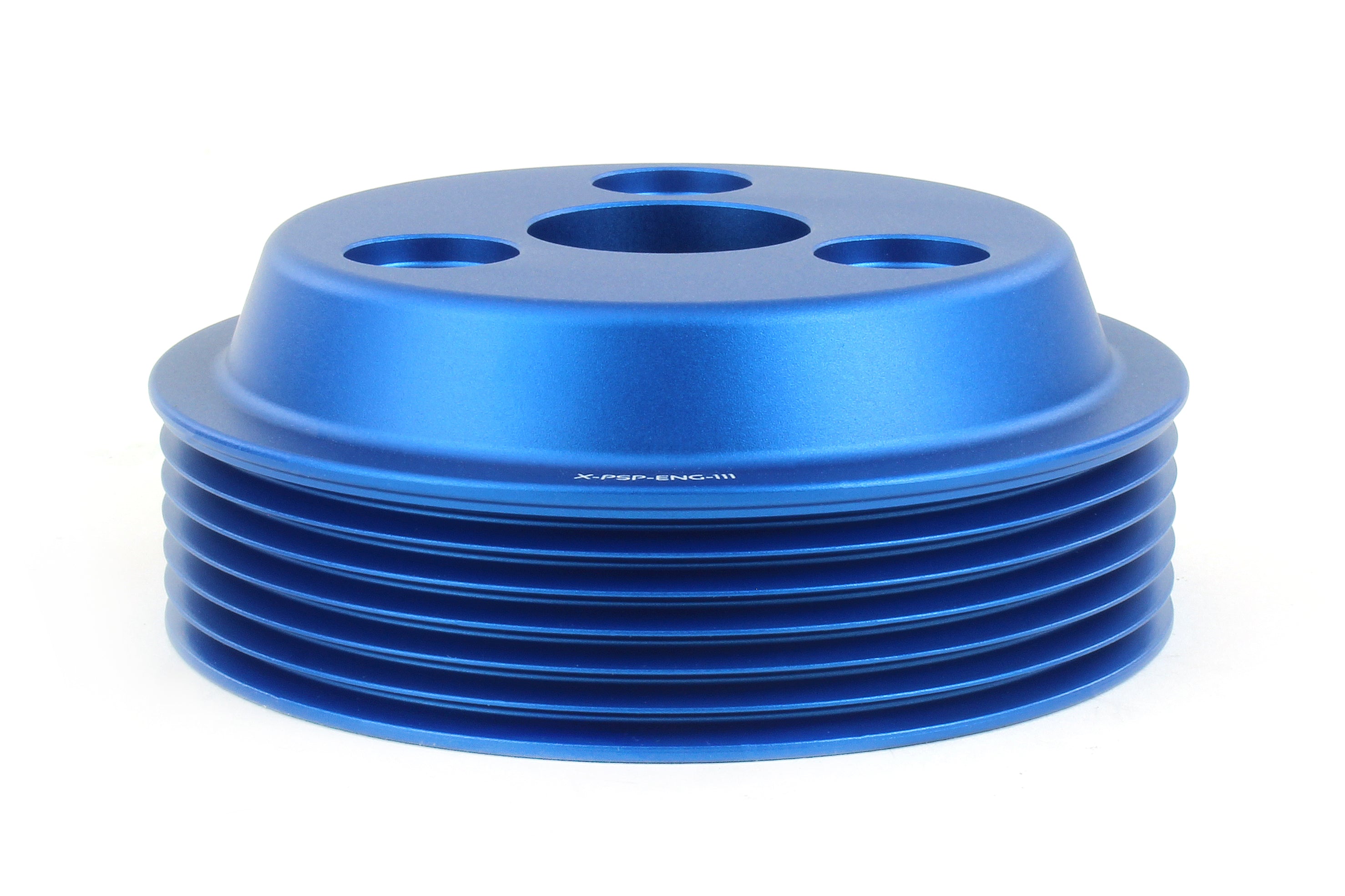 Blue water pump pulley designed for 2015-2021 Subaru WRX, Forester XT, Impreza, and Crosstrek models.