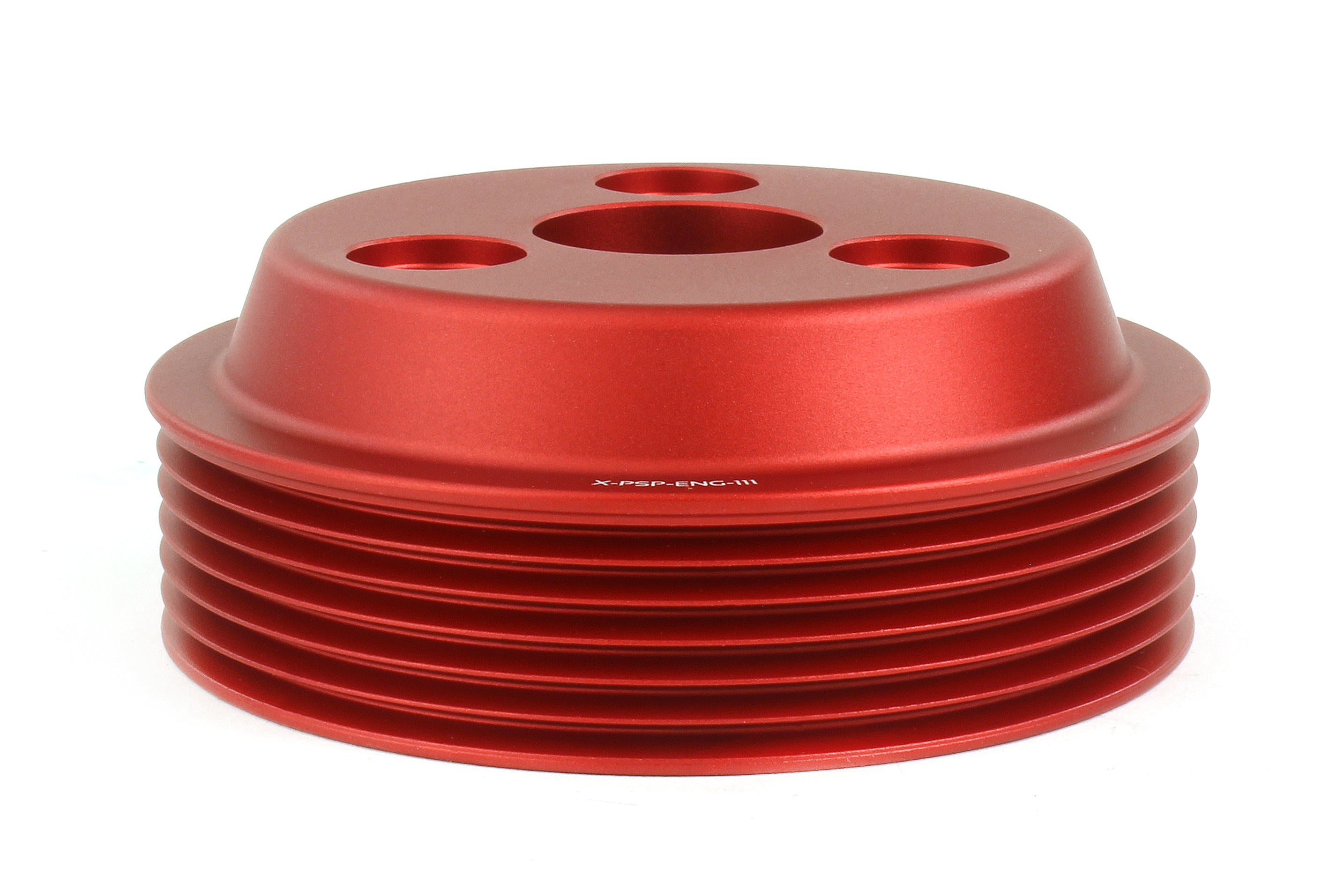 Red water pump pulley designed for 2015-2021 Subaru WRX, Forester XT, Impreza, and Crosstrek performance upgrades.
