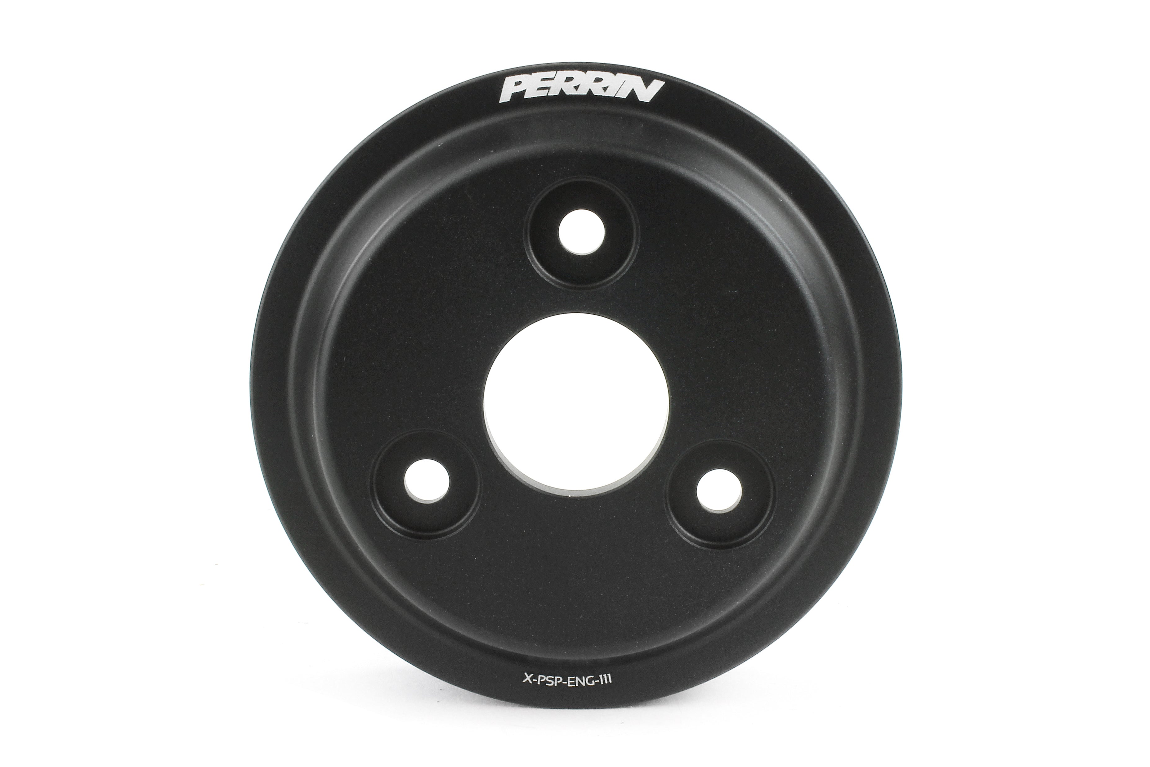 Perrin water pump pulley for 2015-2021 WRX, Forester XT, Impreza, and Crosstrek, featuring a sleek black finish.