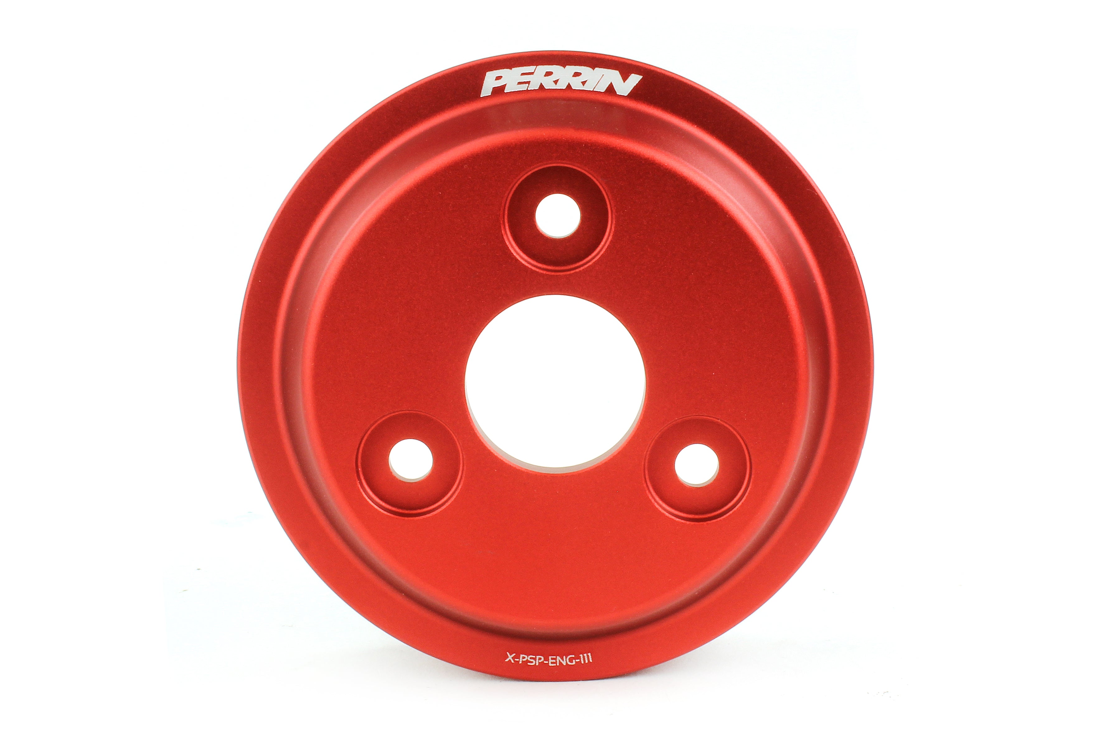 Perrin water pump pulley in red for 2015-2021 WRX, Forester XT, Impreza, and Crosstrek performance upgrades.