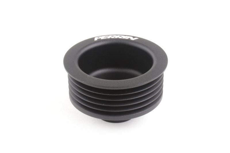 Black alternator pulley designed for EJ engines, featuring a smooth finish and PERRIN branding on top.