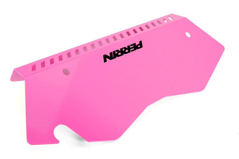 Pink pulley cover for 2022-2025 WRX, featuring ventilation slots and Perrin branding for enhanced engine aesthetics.
