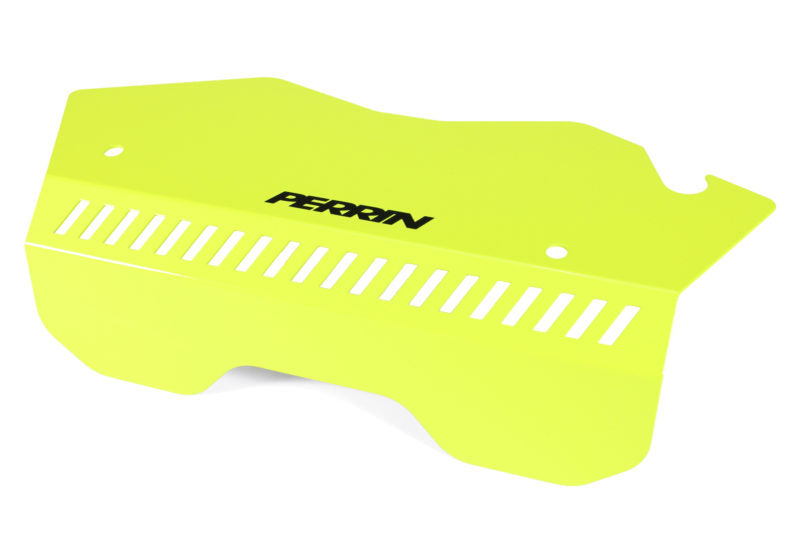 Bright yellow pulley cover designed for 2022-2025 WRX, featuring ventilation slots and the Perrin logo.