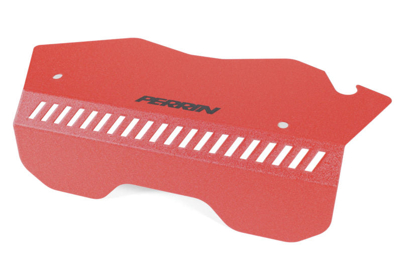 Red pulley cover for 2022-2025 WRX, featuring ventilation slots and Perrin branding for enhanced engine aesthetics.