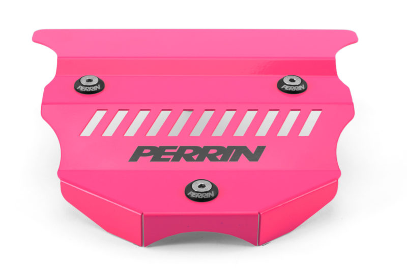 Bright pink engine cover for BRZ/GR86 featuring a sleek design and the Perrin logo prominently displayed.