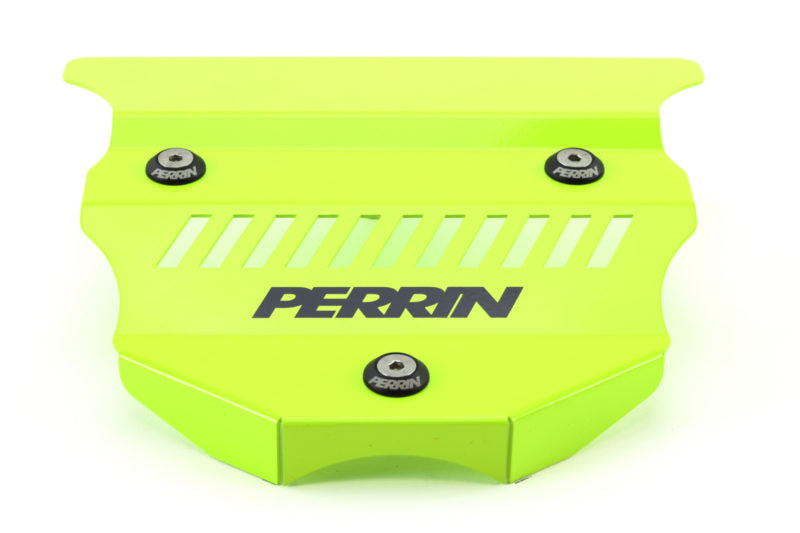 Bright green engine cover for BRZ/GR86 featuring ventilation slots and Perrin branding. Durable and stylish design.