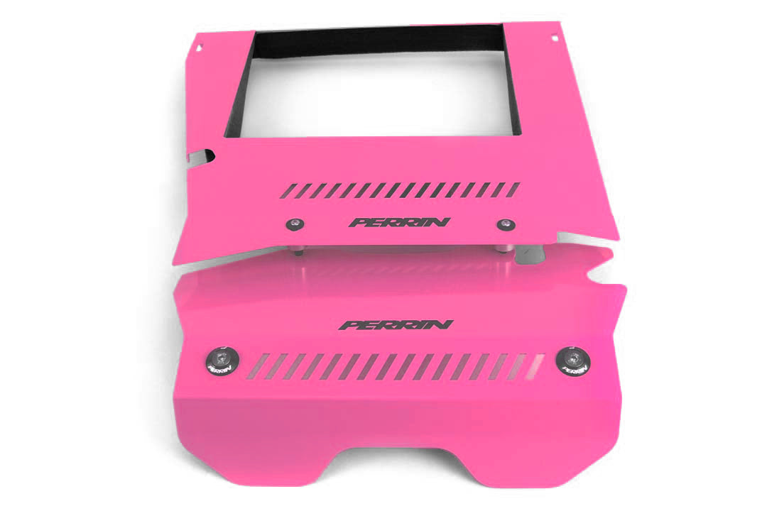 Perrin intercooler shroud for 2015-2021 WRX in vibrant pink, designed for enhanced performance and aesthetics.