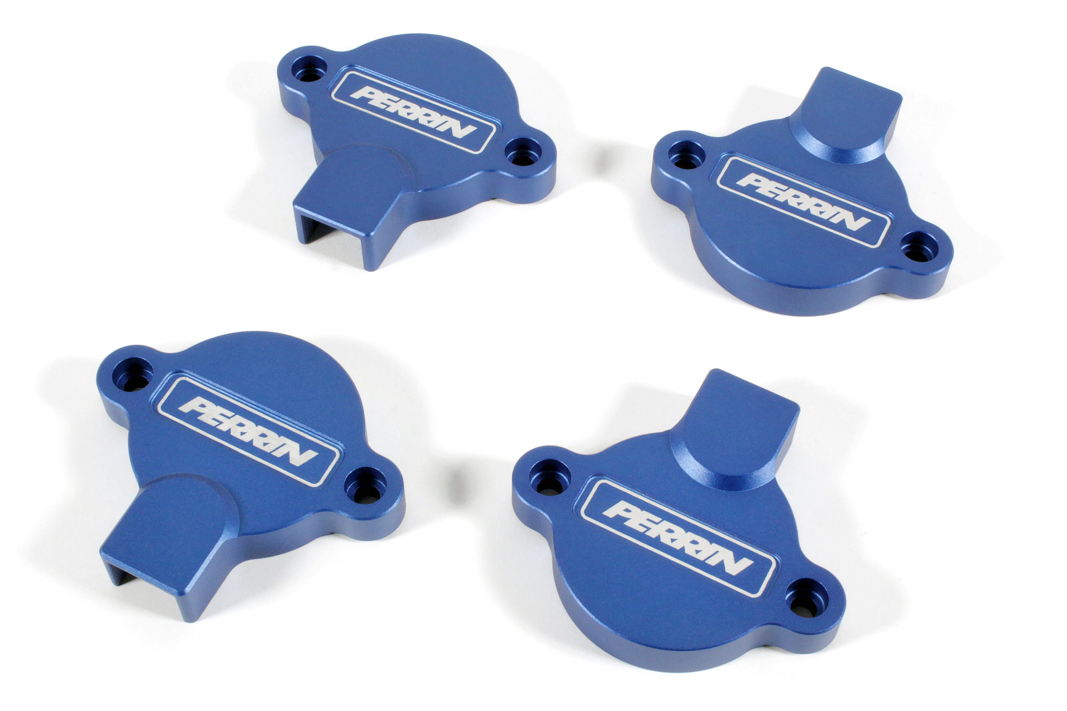 Blue cam solenoid covers for WRX, designed for engine protection and enhanced performance. Set of four pieces.