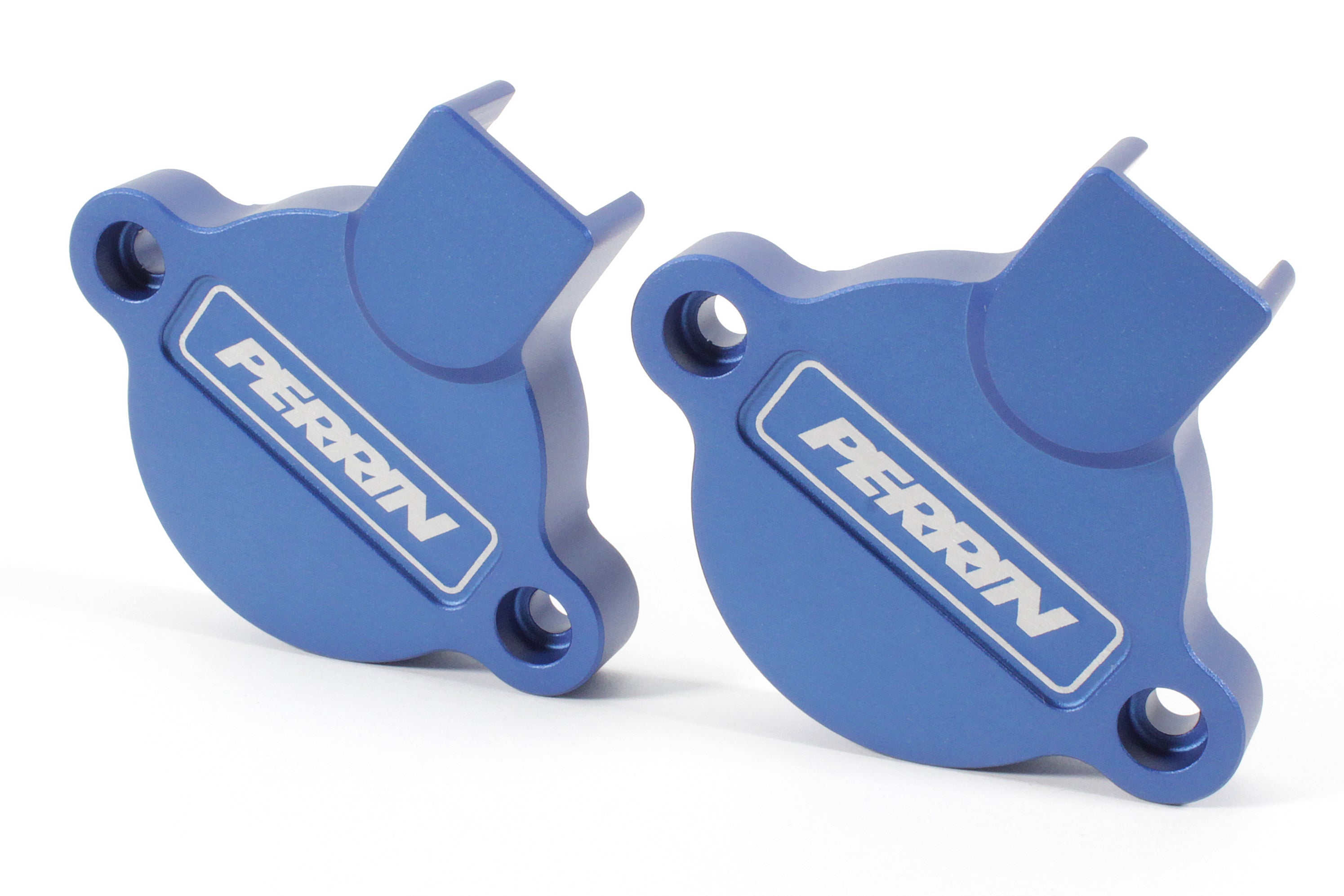 Blue cam solenoid covers for WRX, featuring the Perrin logo, designed for enhanced engine performance and aesthetics.