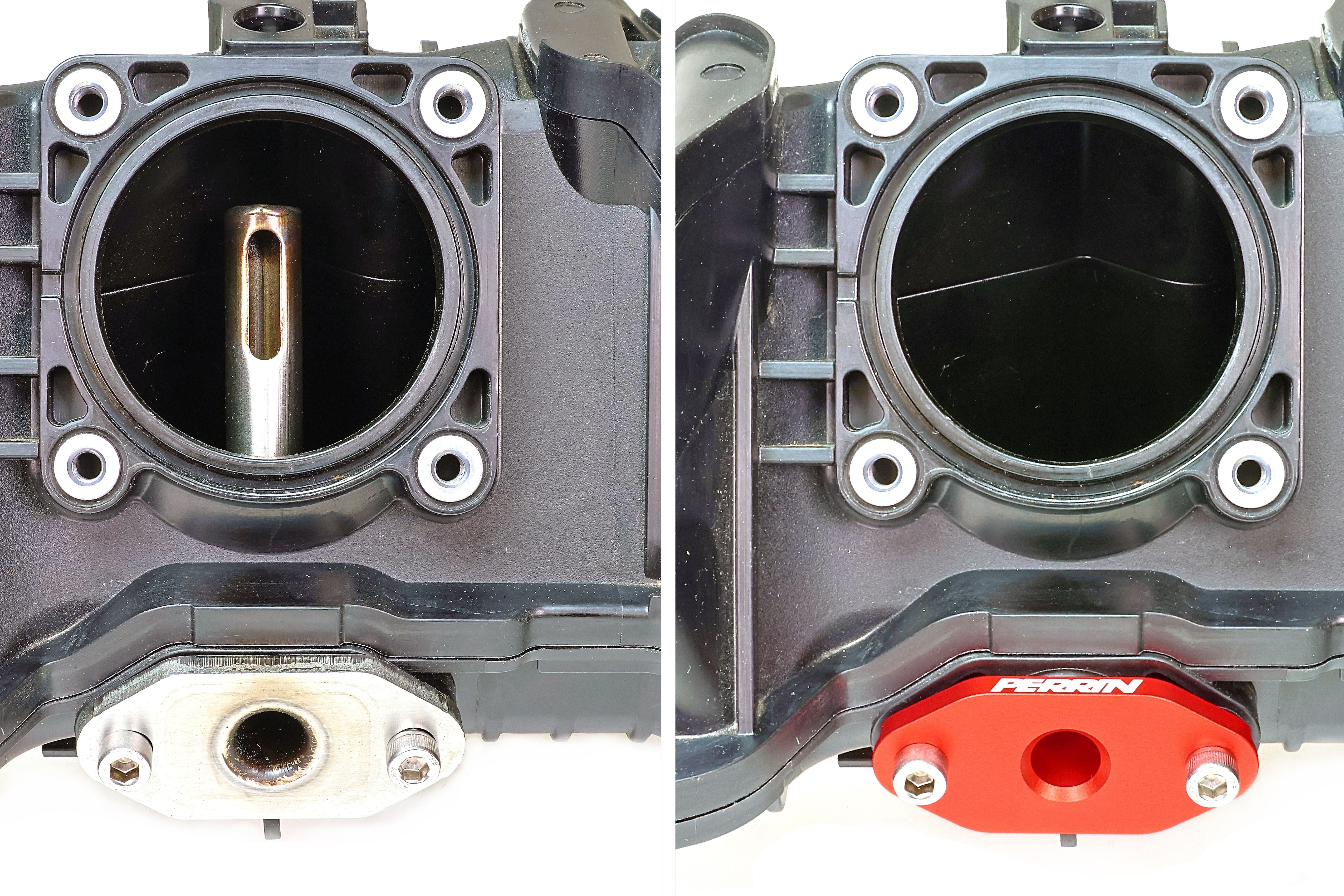 PERRIN Low Profile Intake Return Nozzle for Subaru, red anodized aluminum performance part.