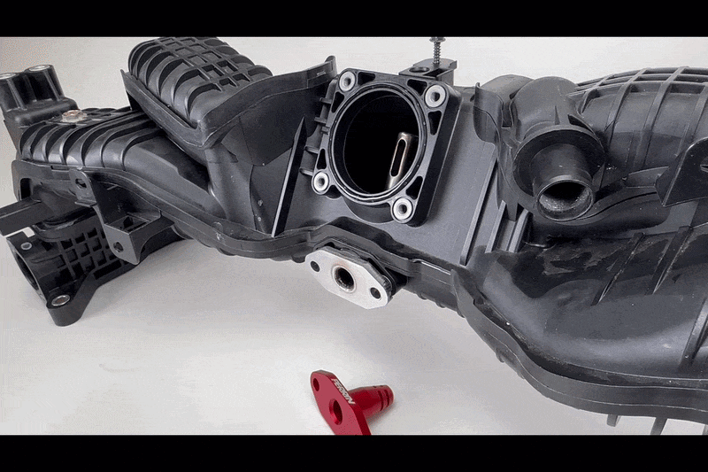 PERRIN Low Profile Intake Return Nozzle for Subaru, red anodized aluminum performance part.