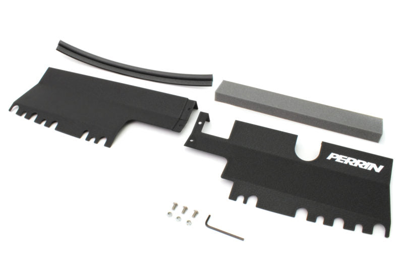 Radiator shroud kit for 2015-2021 WRX/STI, including shroud pieces, foam strip, screws, and an Allen wrench.