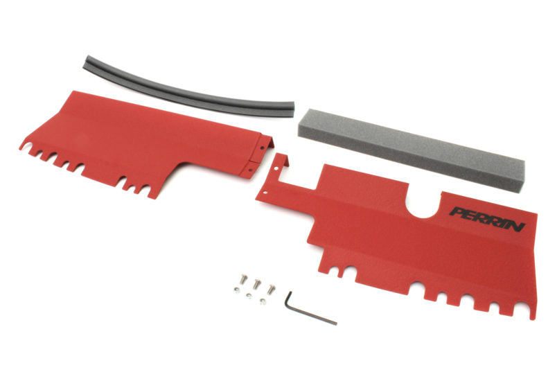 Radiator shroud kit for 2015-2021 WRX/STI, featuring red panels, foam strip, and mounting hardware.