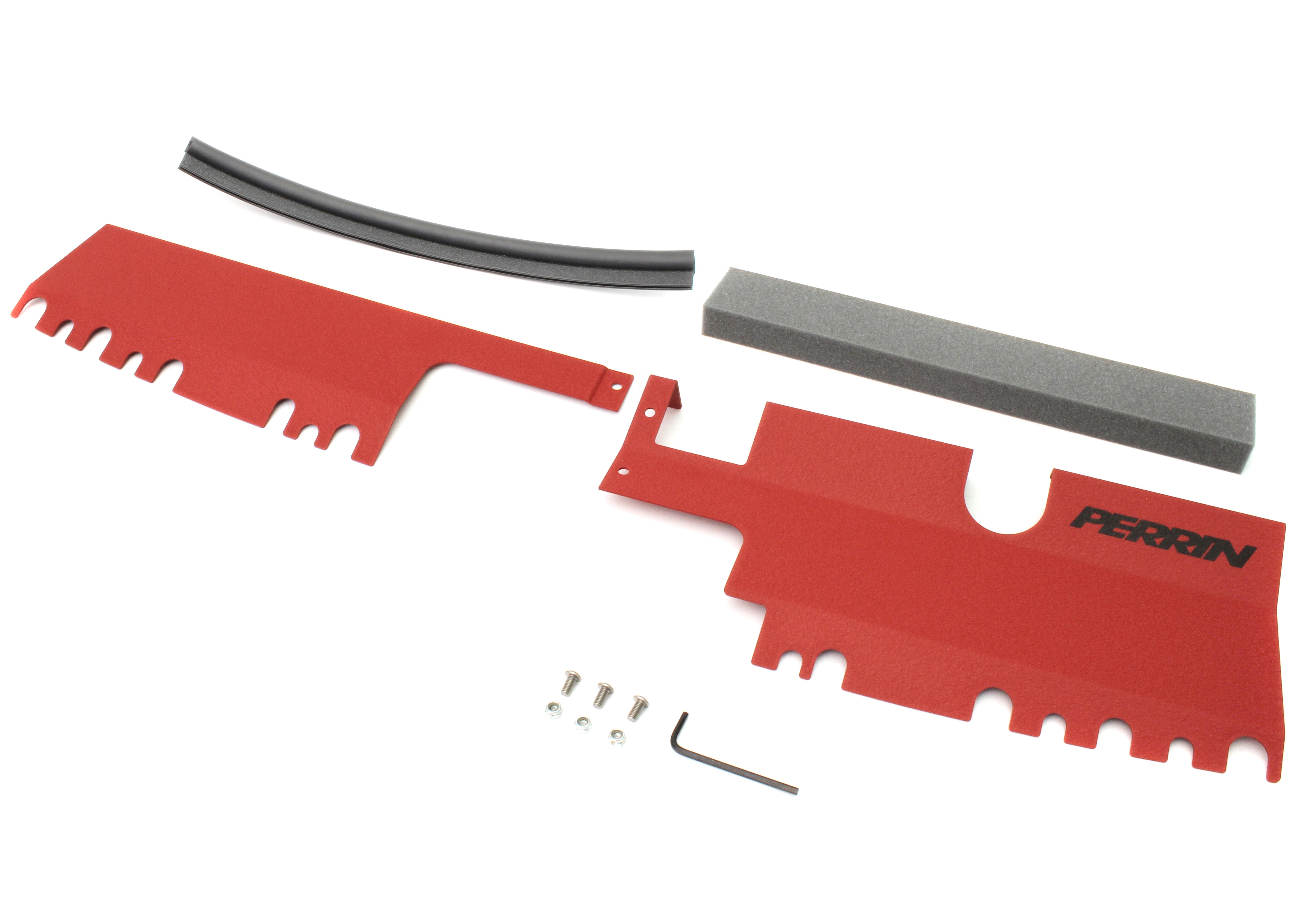Radiator shroud for 2015-2021 WRX/STI, featuring a durable red finish and necessary installation hardware.