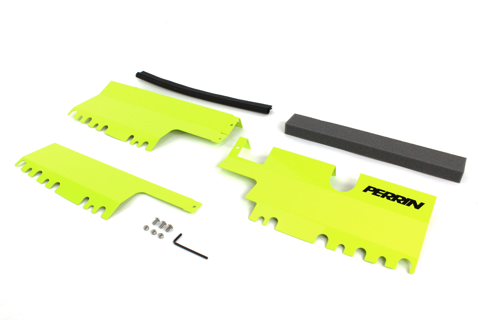 Perrin radiator shroud for 2015-2021 WRX/STI in bright yellow, includes foam seal and mounting hardware.