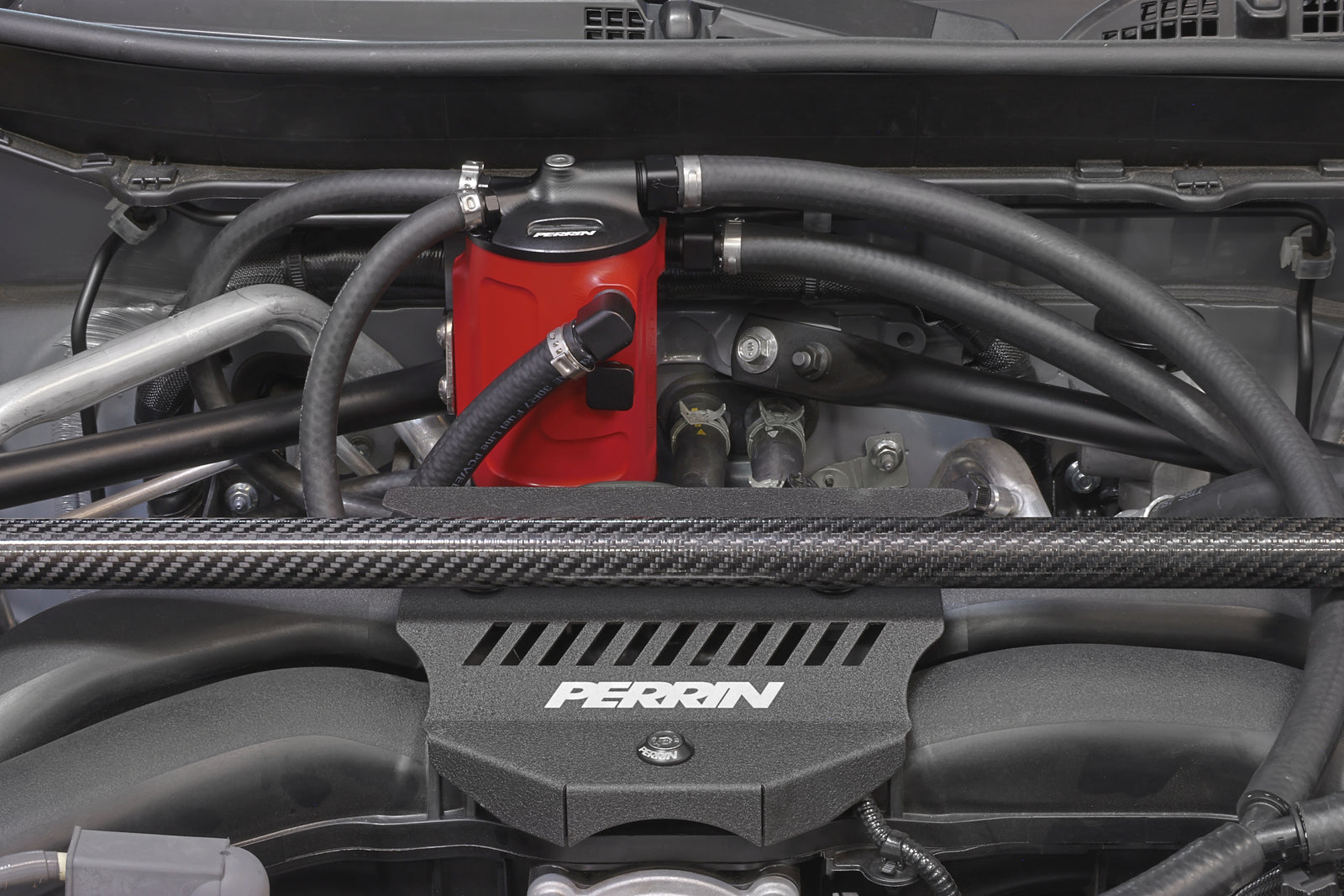 PERRIN red Air Oil Separator installed in 2013-2025 BRZ/FR-S/86 engine bay.