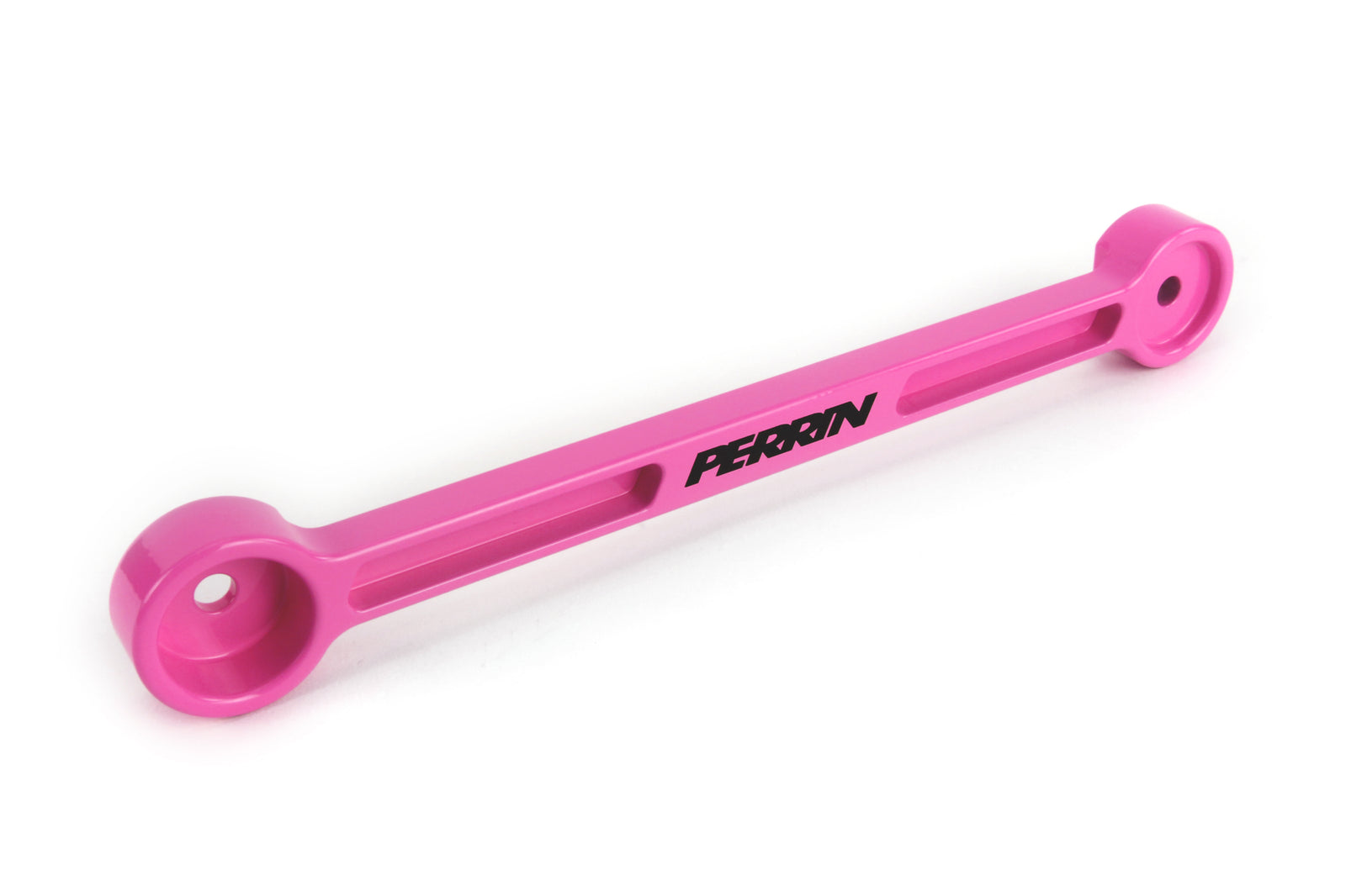 Perrin pink aluminum battery tie down for secure battery mounting in performance Subaru, Honda, Nissan, and Toyota vehicles.