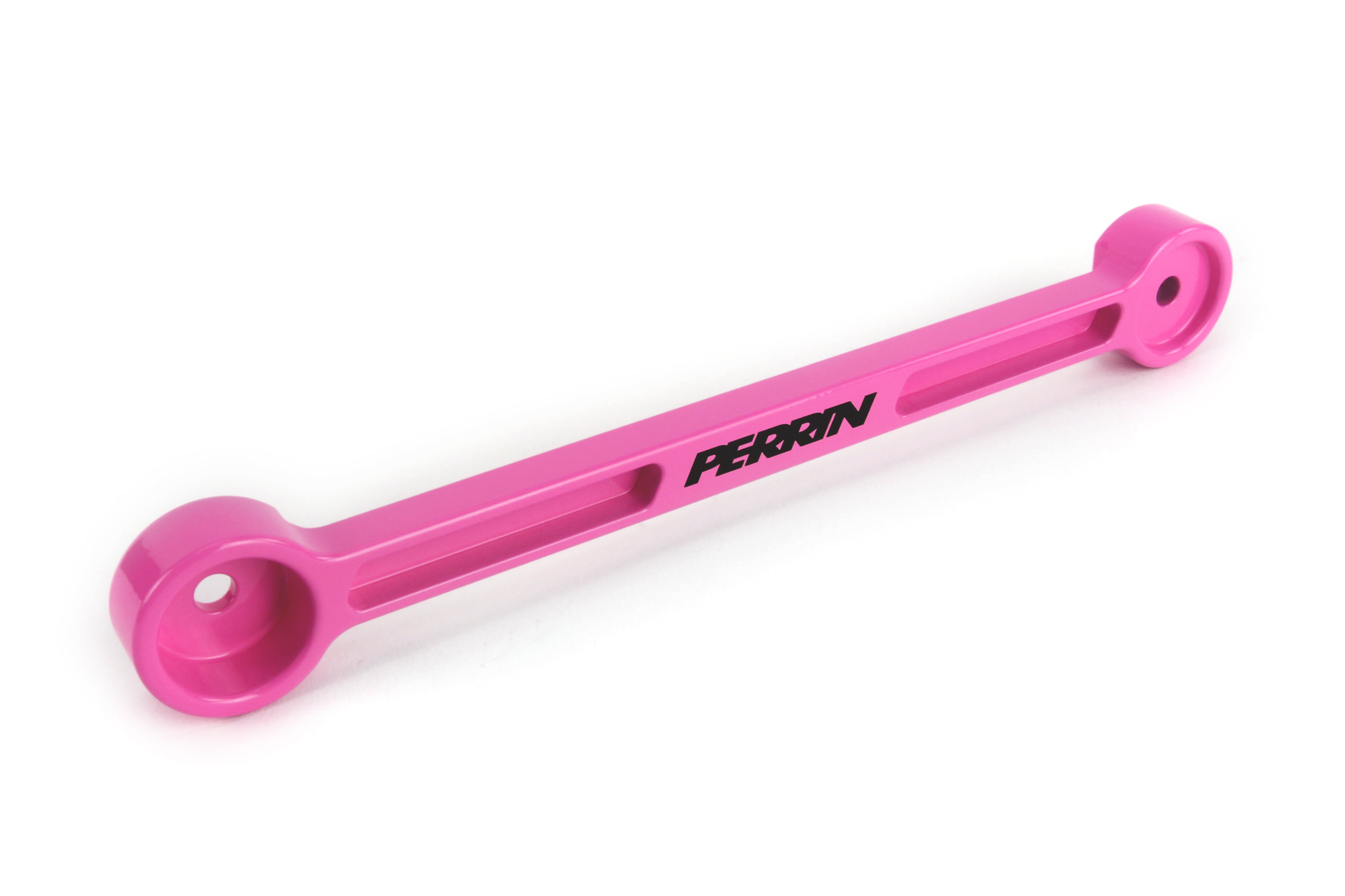 Perrin pink aluminum battery tie down for secure battery mounting in performance Subaru, Honda, Nissan, and Toyota vehicles.