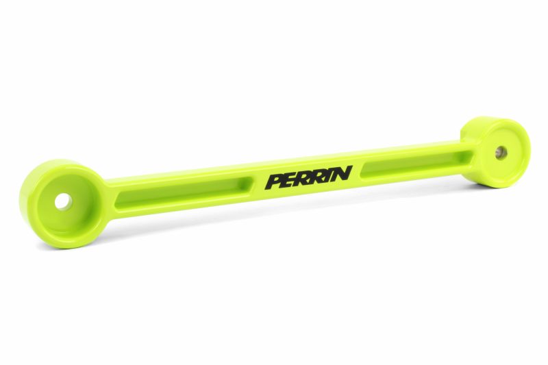 Bright green battery tie down with PERRIN branding, designed for securing batteries in automotive applications.