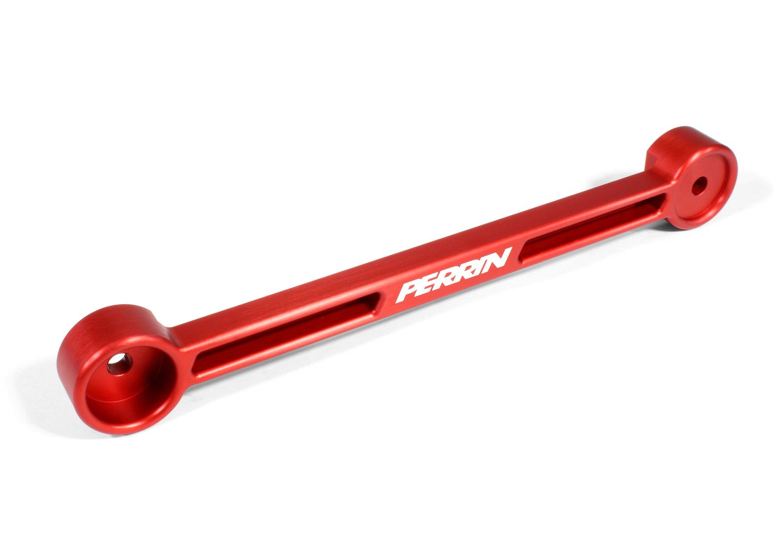 Red aluminum battery tie down by Perrin, designed for secure battery mounting in performance vehicles.