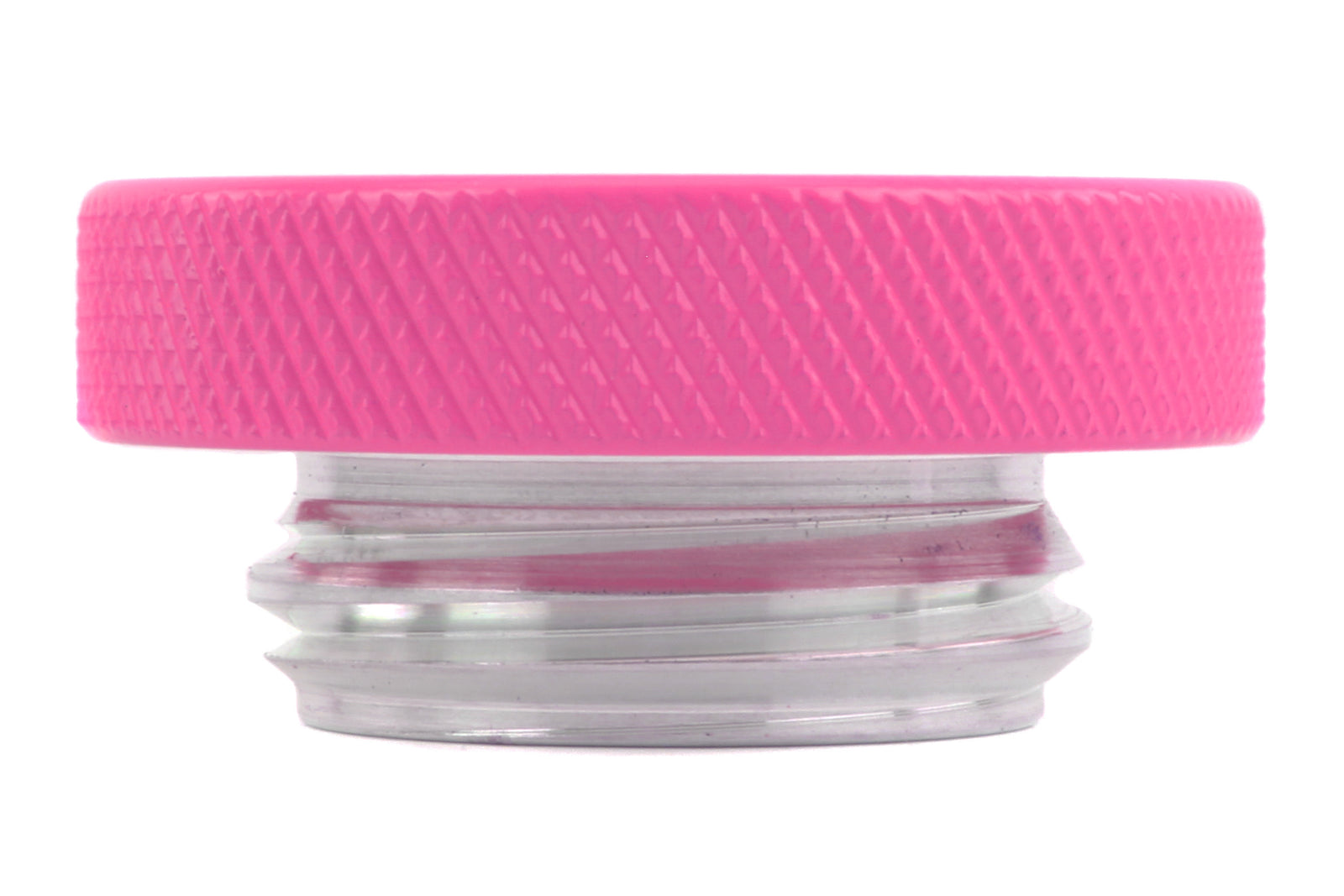 Pink oil fill cap with a textured grip, designed for performance vehicles to enhance engine maintenance.