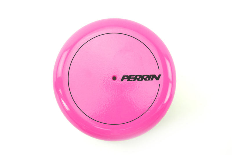 Pink oil filter cover featuring the Perrin logo, designed for automotive applications to enhance engine aesthetics.