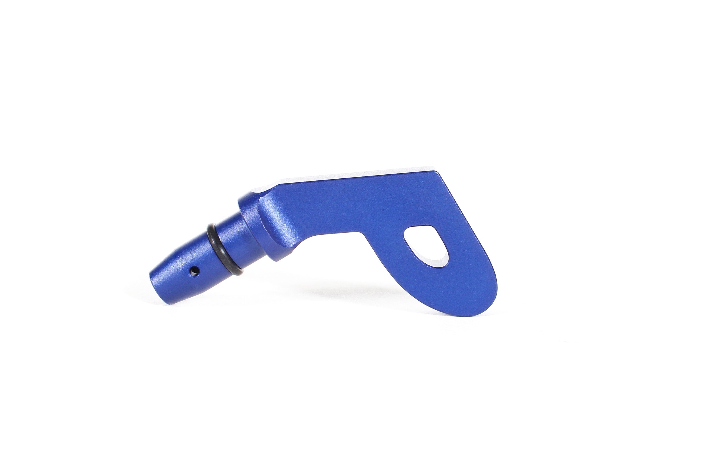Blue P-style dipstick handle designed for easy access and improved grip for performance vehicles.