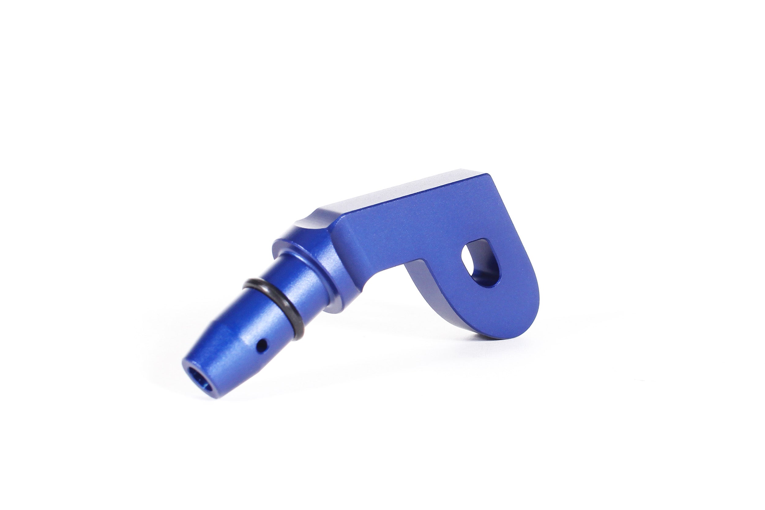 Blue aluminum dipstick handle in P style design, ideal for performance modifications in Subaru, Honda, Nissan, and Toyota vehicles.