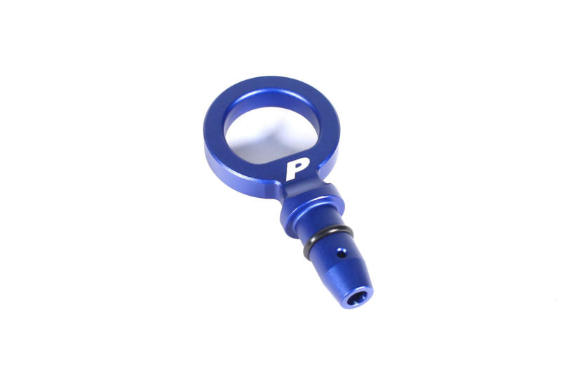 Blue aluminum dipstick handle with a circular grip and a tapered end for easy engine oil access.