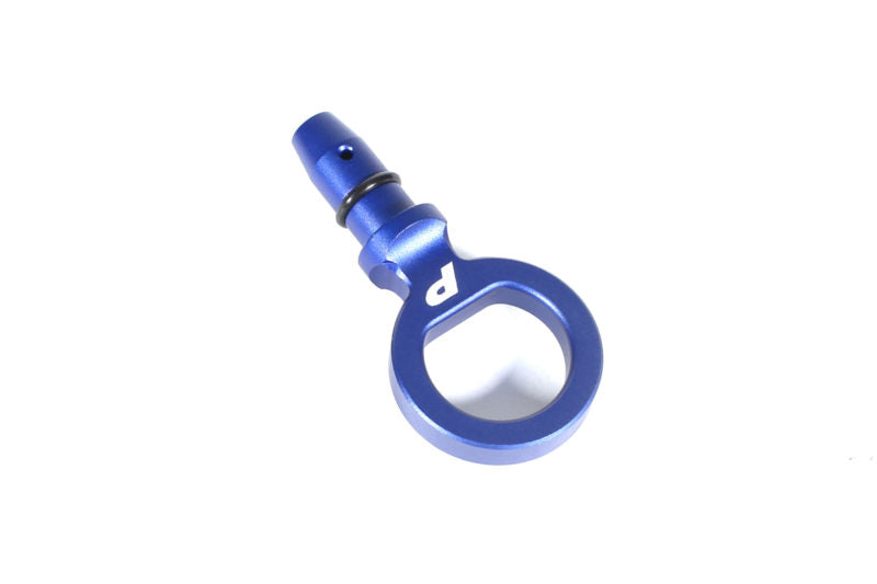 Blue aluminum dipstick handle with a circular grip and a small nozzle attachment for easy engine oil access.
