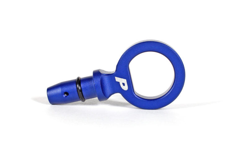 Blue dipstick handle with a circular grip and a pointed end, designed for easy oil level checks in vehicles.