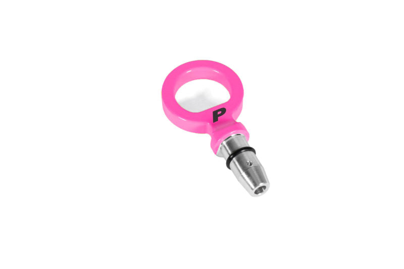 Bright pink dipstick handle with a circular grip and a metallic attachment for easy engine oil measurement.