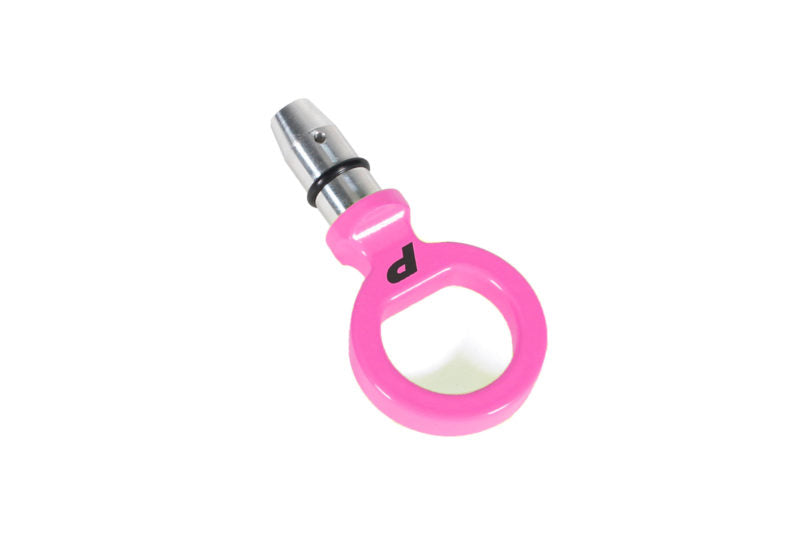 Bright pink dipstick handle with a circular grip and metallic attachment for easy engine oil checking.