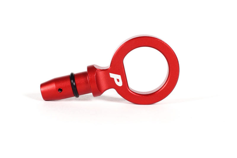 Red aluminum dipstick handle with a circular loop and a tapered end, designed for easy grip and use.