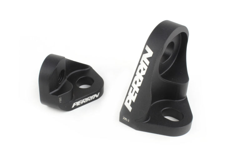 Black Turbo Support Bracket set featuring a sleek design with the Perrin logo, designed for enhanced engine stability.