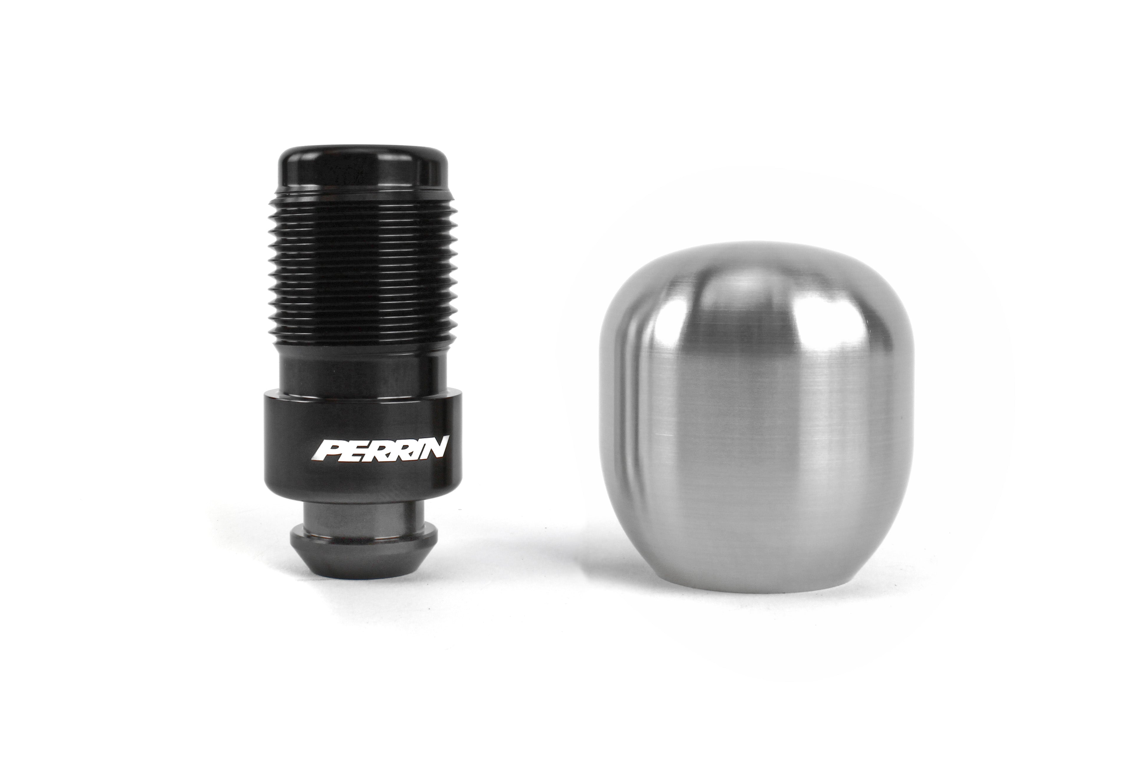 Perrin shift knobs for 2002-2014 Subaru models, featuring a sleek black design and polished aluminum finish.