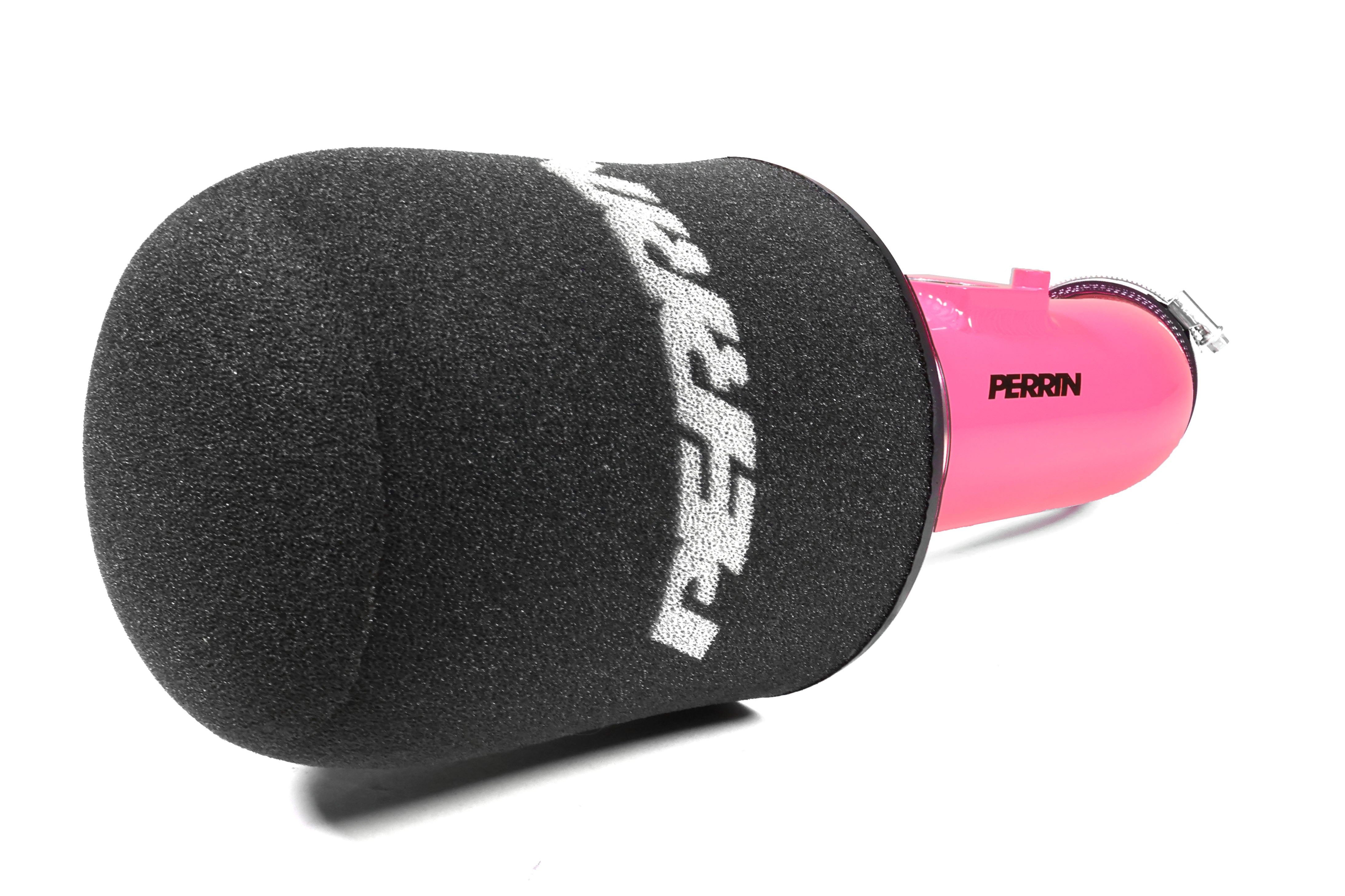 Short ram intake for 2002-2007 WRX and STI, featuring a pink aluminum body and foam filter for enhanced airflow.