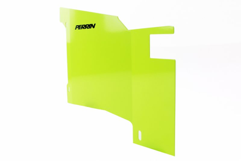 Bright green cold air intake cover for 2015-2021 WRX, featuring the Perrin logo for enhanced engine performance.