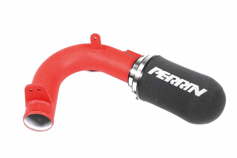 Red cold air intake system for 2015-2021 WRX, featuring a smooth curved pipe and a black filter for improved airflow.