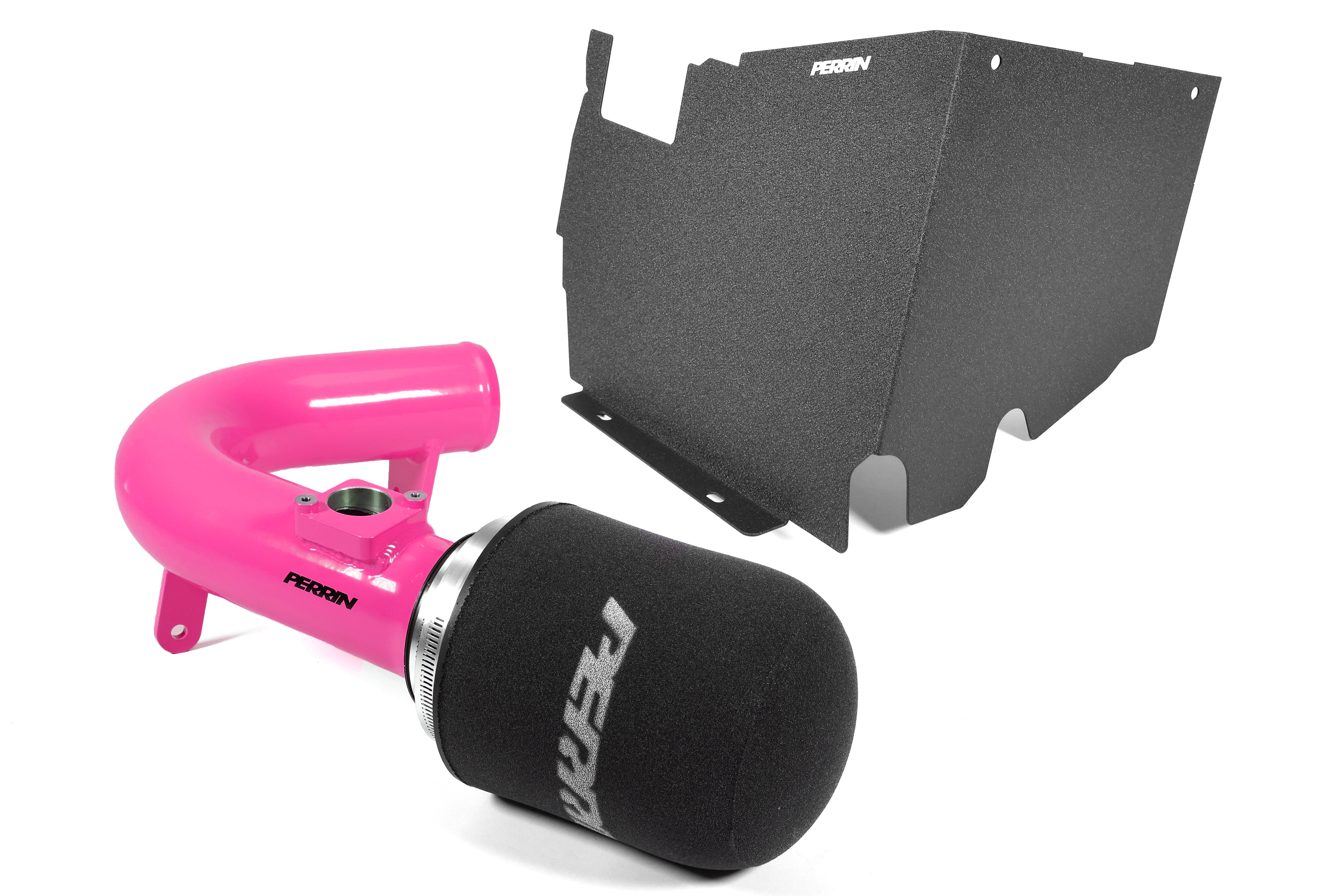 Cold air intake system with heat shield for 2022-2025 WRX, featuring a vibrant pink intake tube and protective cover.