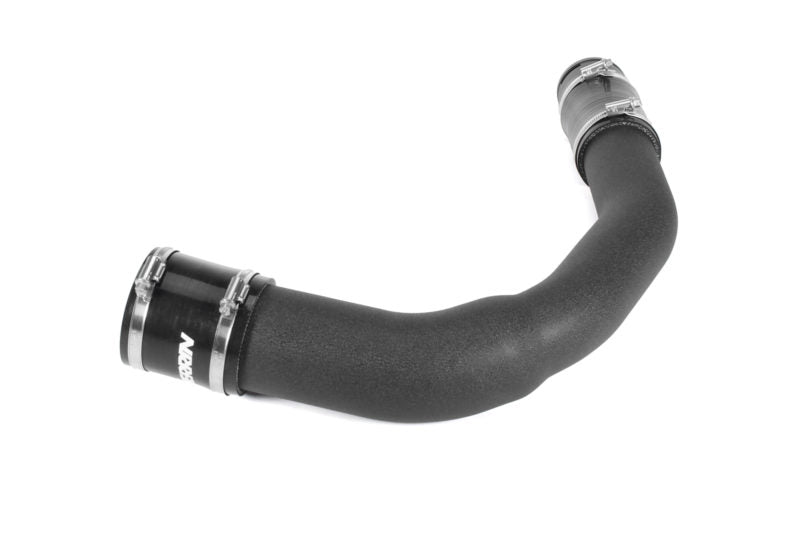 Curved charge pipe designed for Subaru Outback XT and Wilderness models, featuring durable black material and metal clamps.