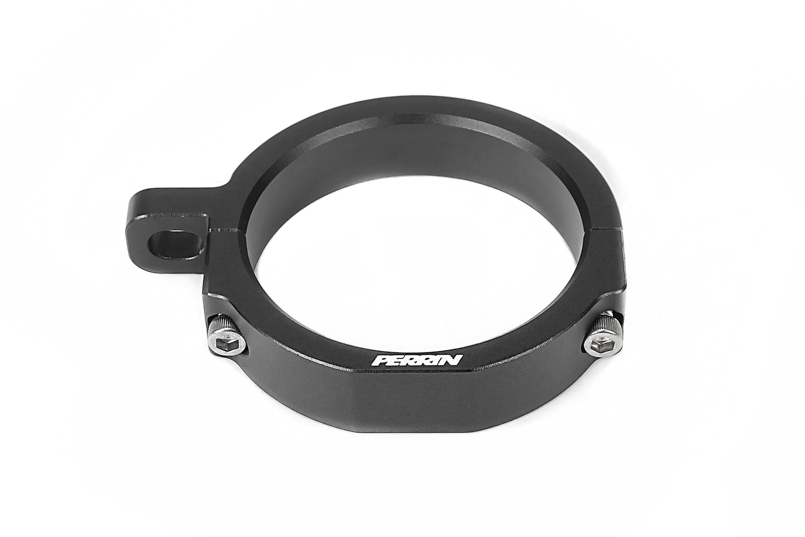 PERRIN Charge Pipe Bracket with black anodize finish and white PERRIN logo.