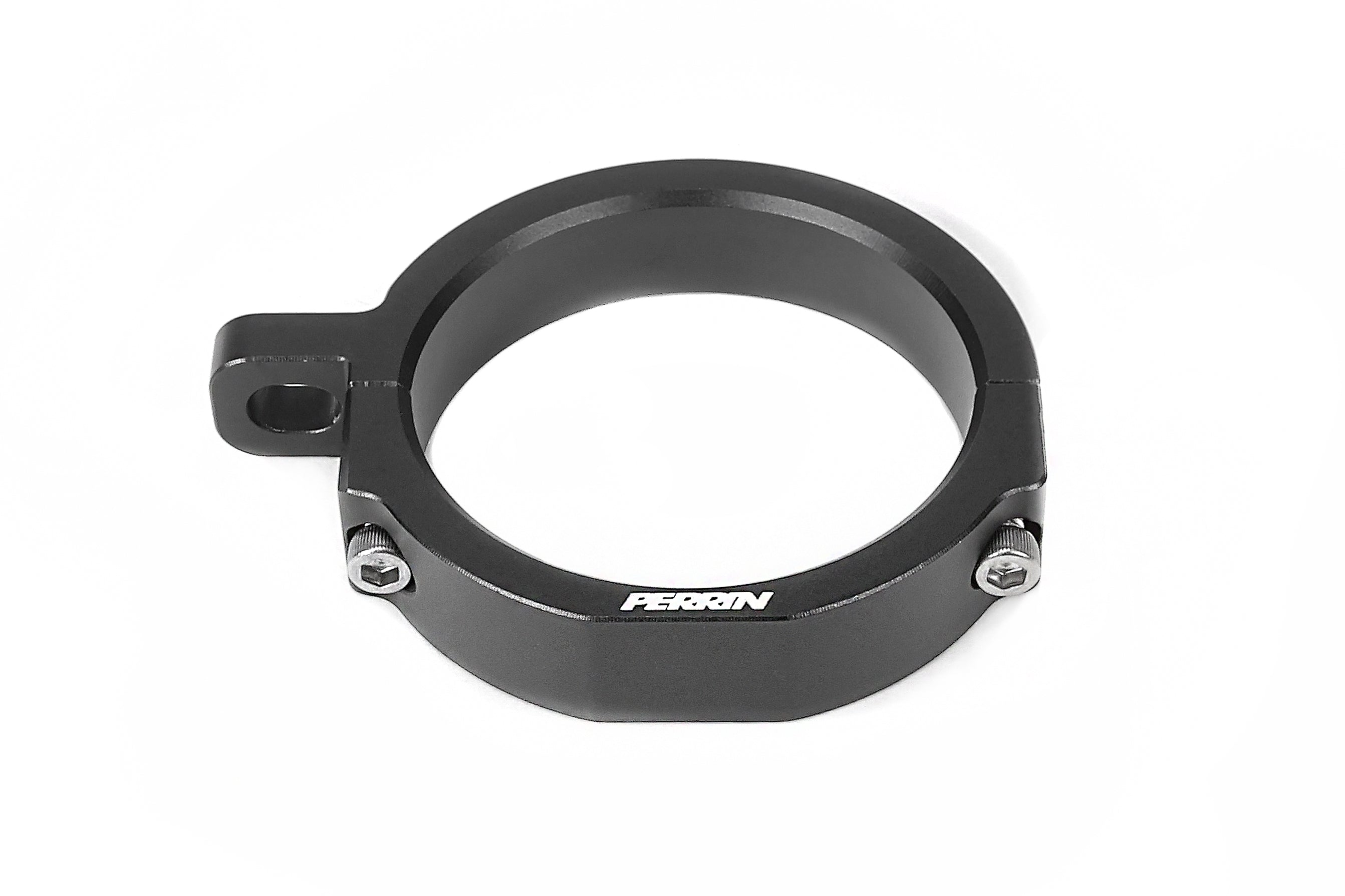 PERRIN Charge Pipe Bracket with black anodize finish and white PERRIN logo.